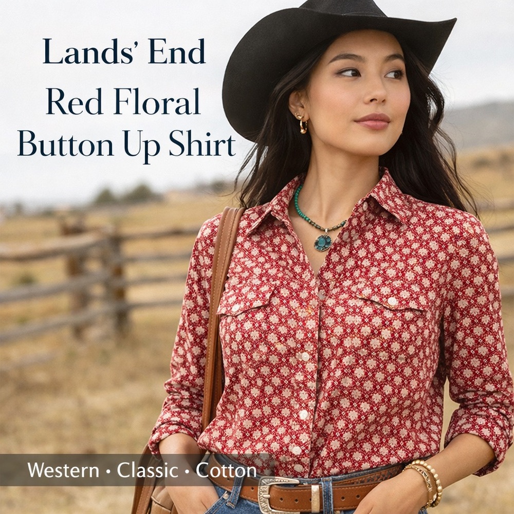 Lands’ End Red Floral Button Down Shirt Cotton Blouse Size Small